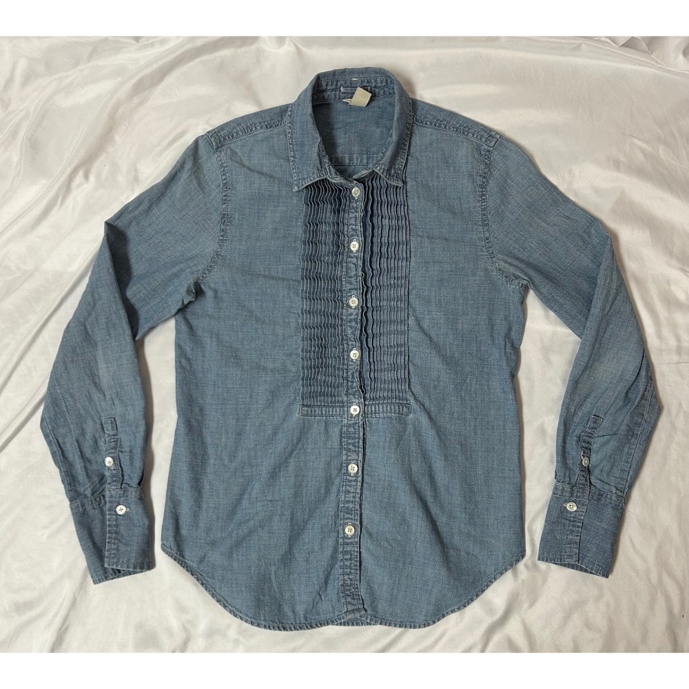 J.Crew Blue Chambray Pleated Tuxedo Bib Button Up Shirt Long Sleeve Western Sz 2